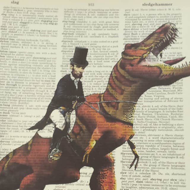 Picture of Abe Lincoln on a dinosaur made by Mike Riscica